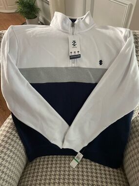 Izod White, Gray & Navy Colorblock Zip Sweater